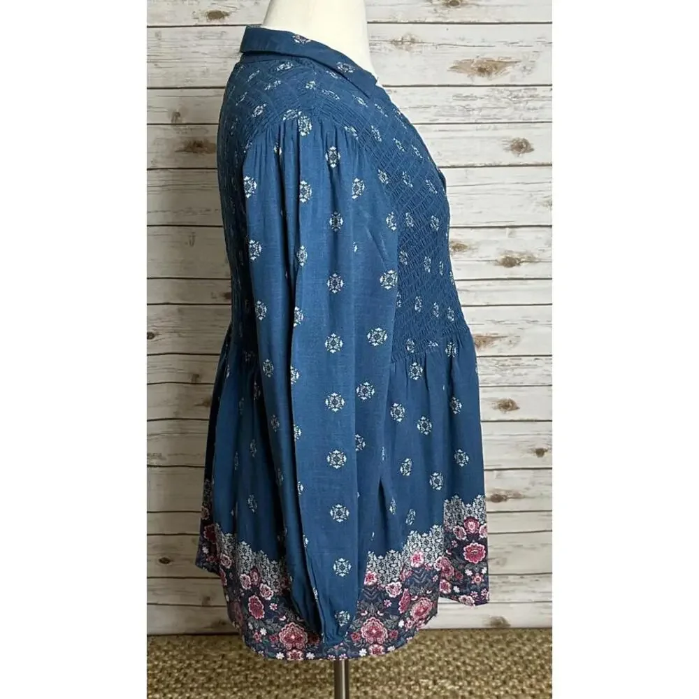 Torrid teal boho floral V-neck long sleeve smocked peplum blouse Size 2/2X - Picture 4 of 7